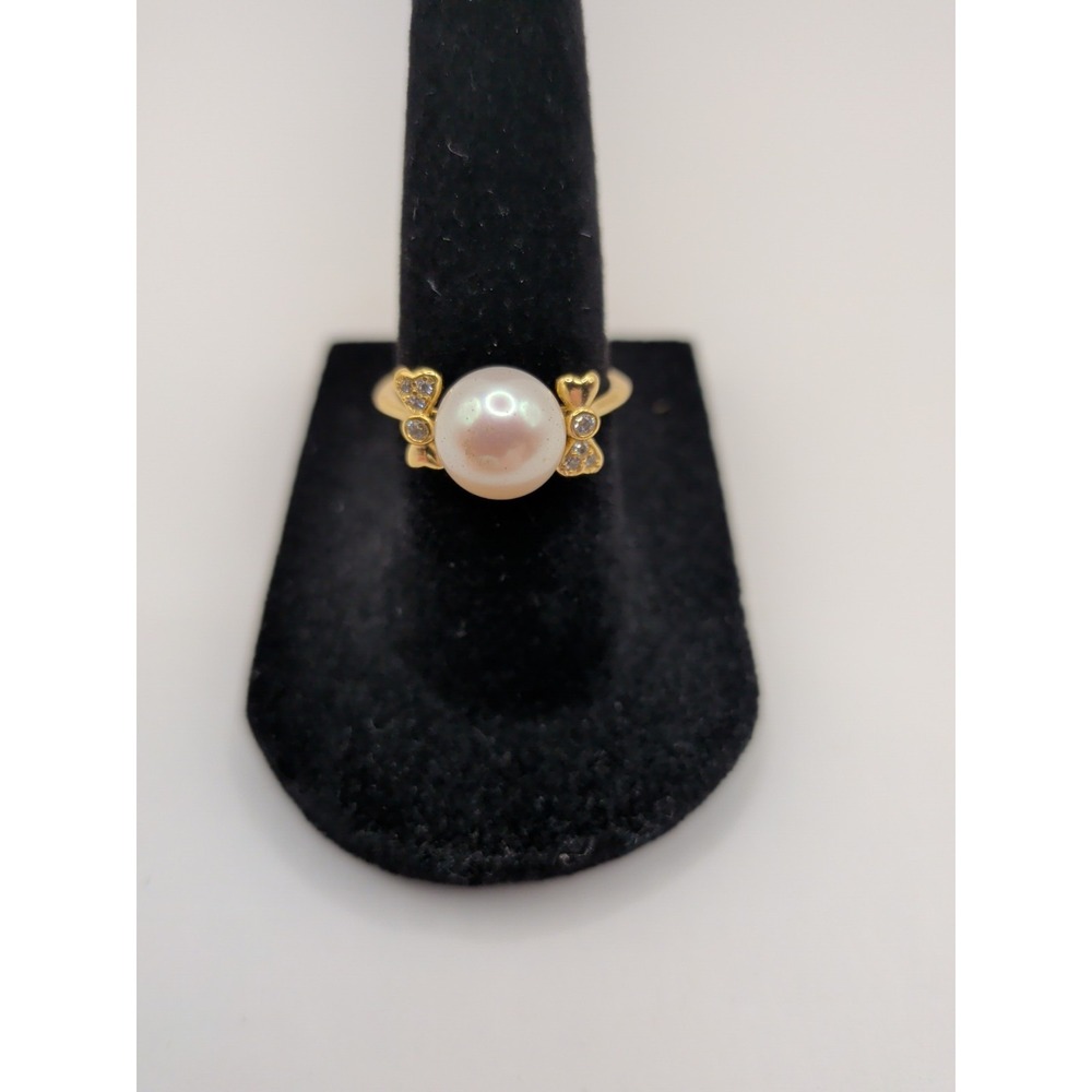 Natural Pearl Sterling Silver Ring With Bow Accents And Gold Plating Size 6